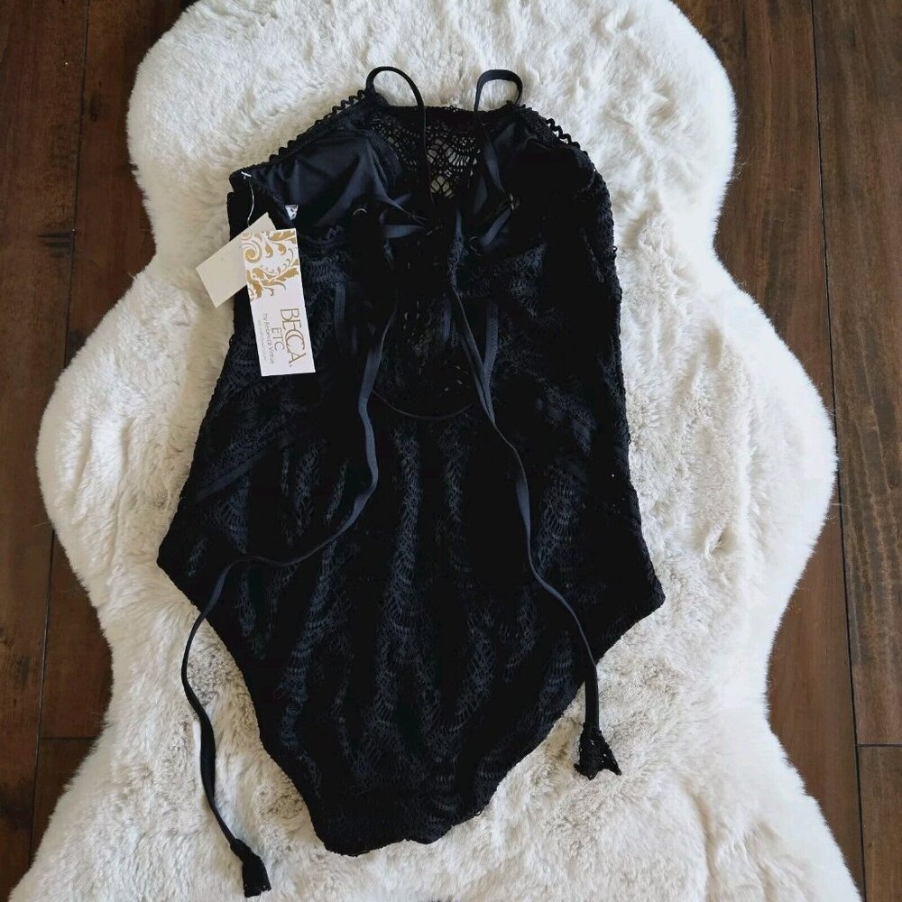 Becca ETC. Plus Black Crochet High-Neck Illusion One Piece Swimsuit 1X NWT $168 - Picture 4 of 6